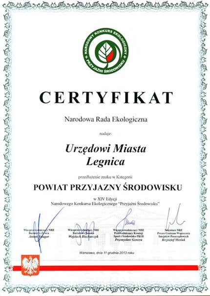 Legnica wśród laureatów Narodowego Konkursu Ekologicznego Przyjaźni Środowisku