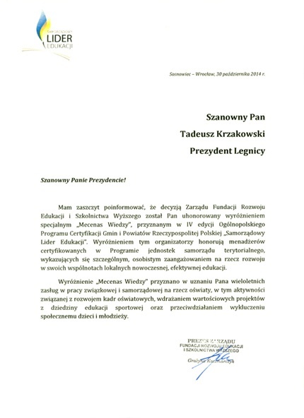 Tytuł „Mecenasa Wiedzy” dla prezydenta Tadeusza Krzakowskiego